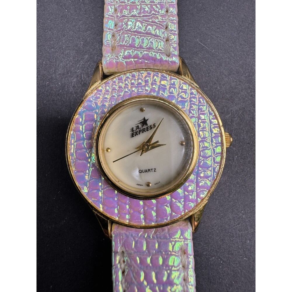Vintage LA Express Quartz Watch Mother of Pearl Dial Pink Band Japan Movt